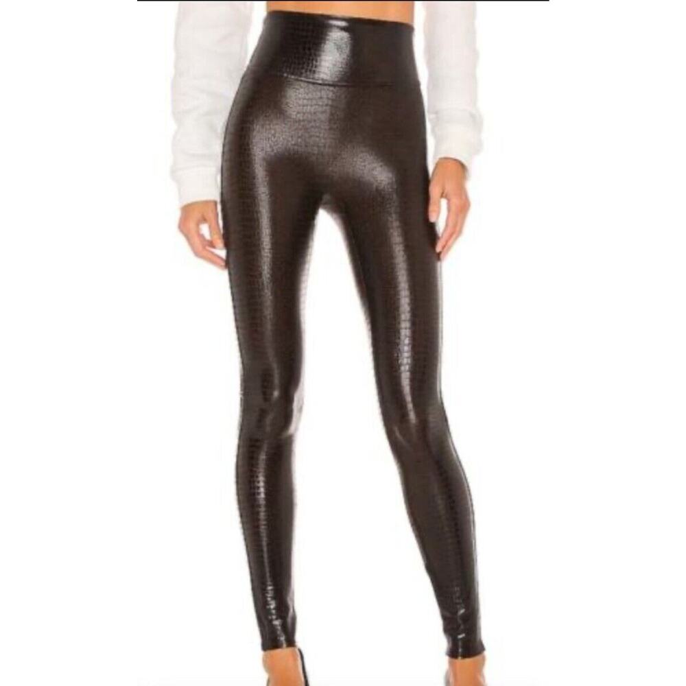 SPANX Faux Leather Croc Shine Leggings •M• High Rise Brown Black 20303R